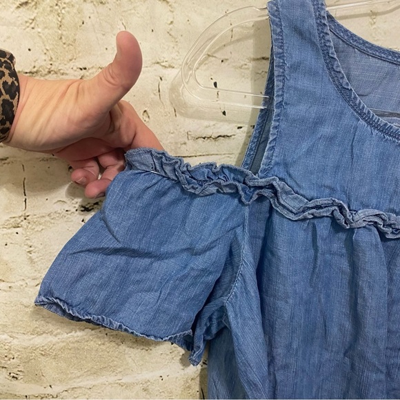 Lauren Conrad Blue Chambray Tencel Ruffle Cold Shoulder Top - Picture 2 of 5